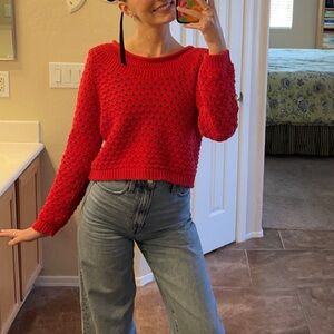 Y2K Accomplice by Wet Seal Open-Knit, Scoop, Rollneck Sweater in Cherry Red